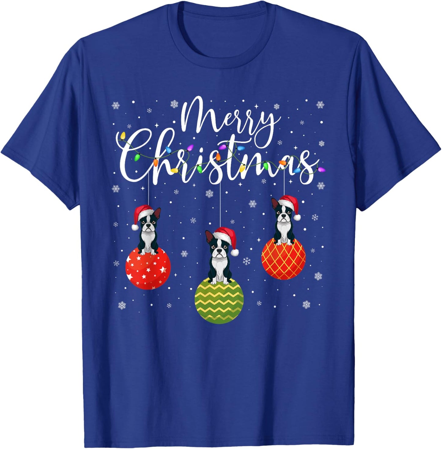Merry Christmas Lights Santa Hat Boston Terrier Ugly Xmas T-Shirt - T-Shirt | Royal