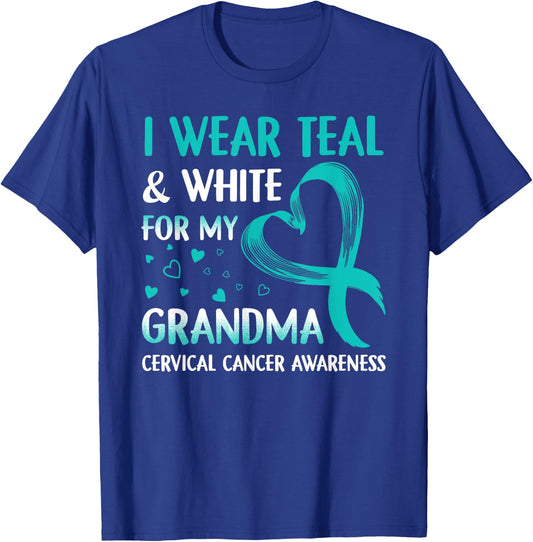 I Wear Teal & White For My Grandma Cervical Cancer T-Shirt - T-Shirt | Royal