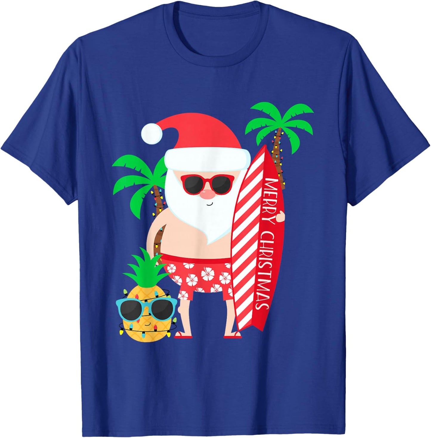 Santa Surfing Hawaiian Beach Christmas in July Tropical T-Shirt - T-Shirt | Royal