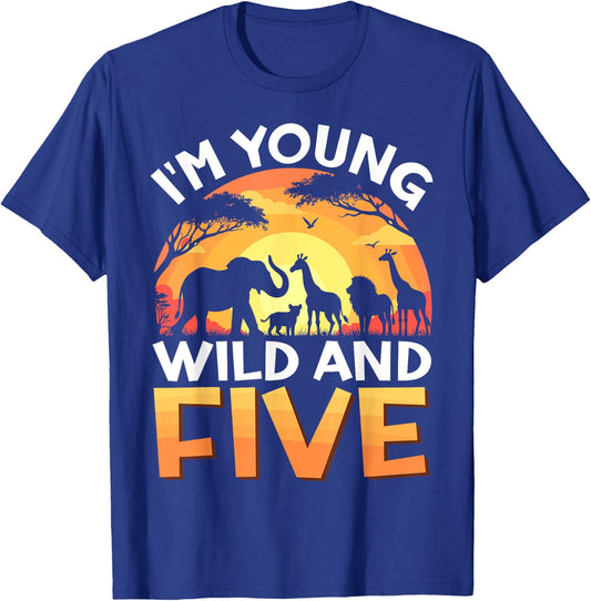 Young Wild and Five Kids 5th Birthday Safari Zoo Animals T-Shirt - T-Shirt | Royal