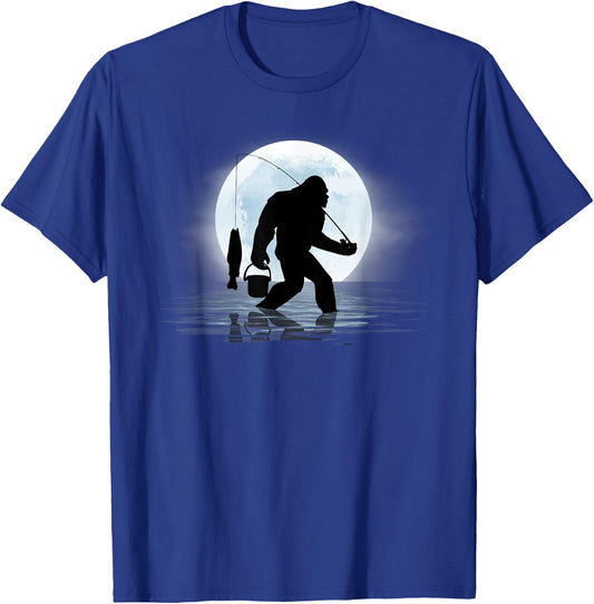 Bigfoot Fishing Funny Sasquatch and Fish Night Fishing T-Shirt - T-Shirt | Royal