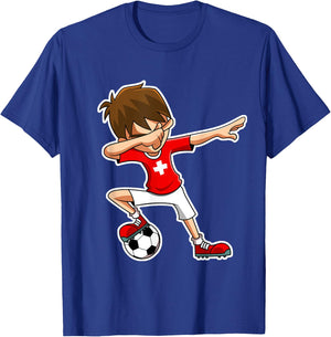 Dabbing Soccer Boy Switzerland Shirt, Swiss Flag Jersey T-Shirt - T-Shirt | Royal