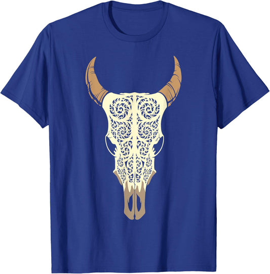 Steer Head Skull Shirt Cow Bull Horn Western Tribal Boho T-Shirt - T-Shirt | Royal