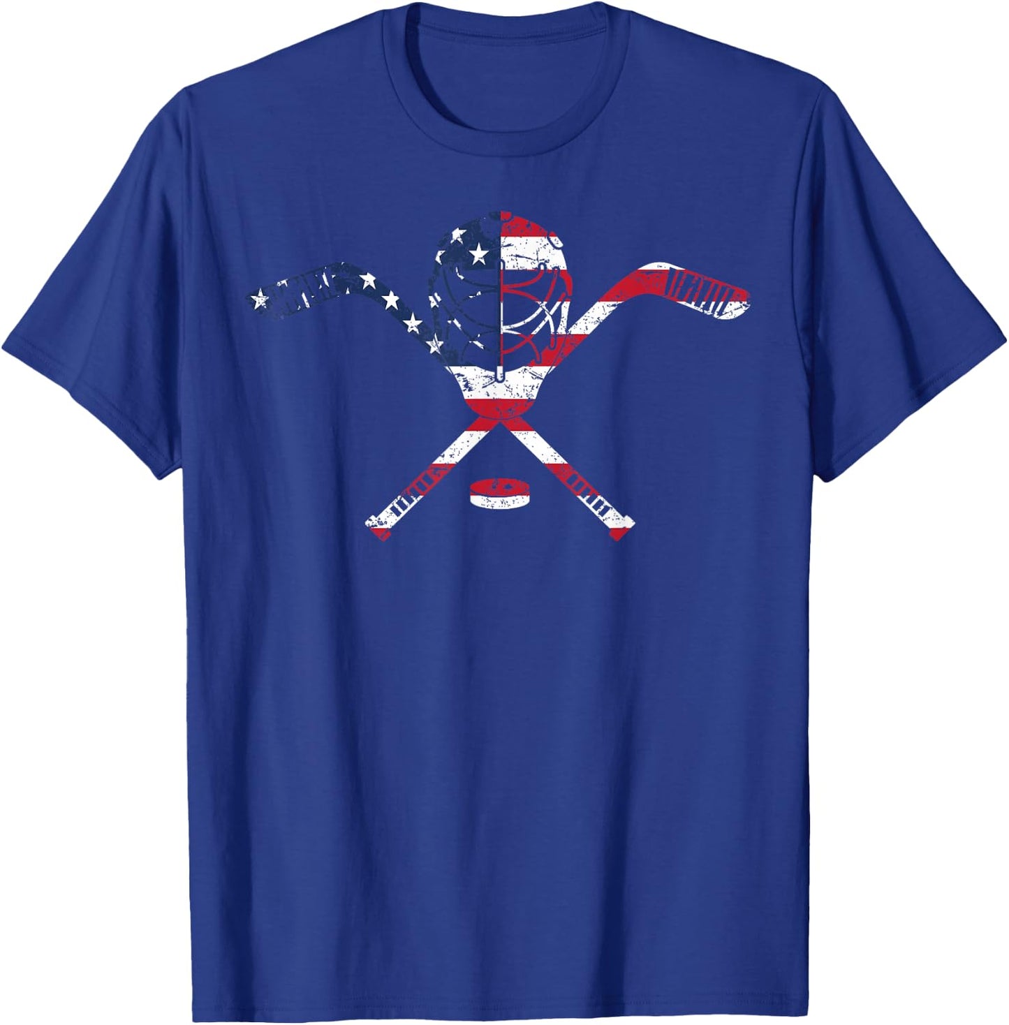 USA American Flag Ice Hockey Goalie Mask Stick Patriotic T-Shirt - T-Shirt | Royal