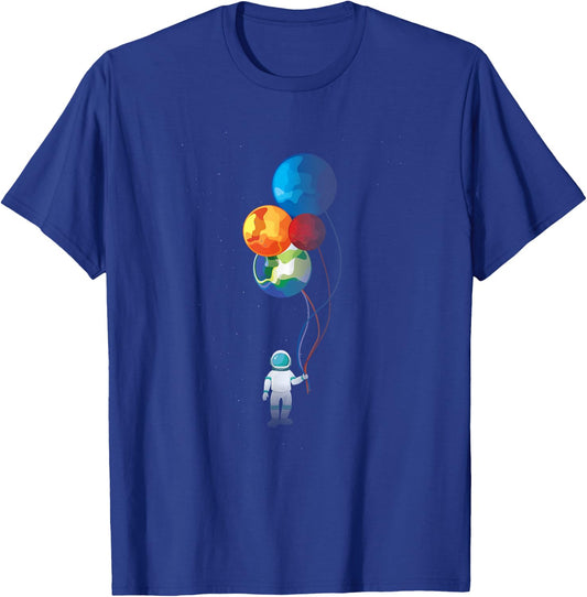 Astronaut in Space Holding Planet Balloon Cute Gift T-Shirt - T-Shirt | Royal