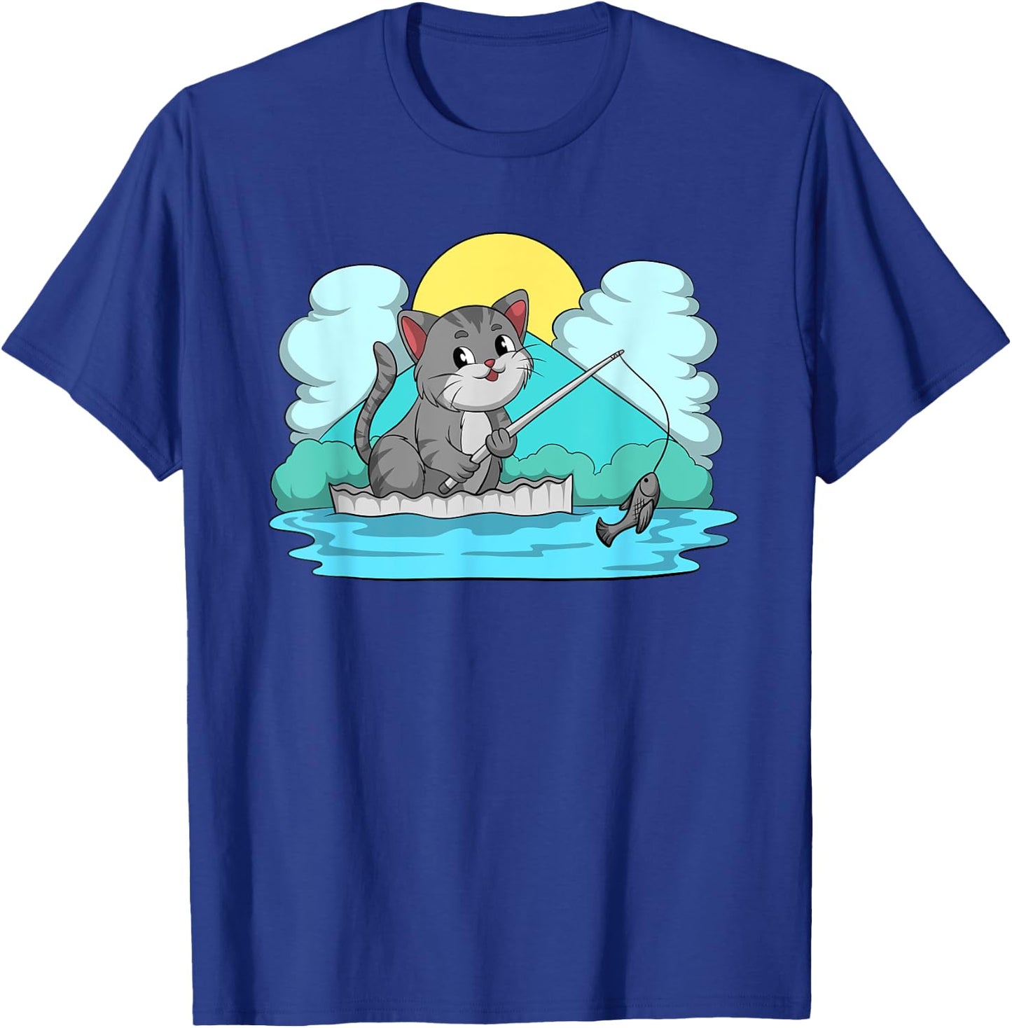 Funny Kitten Cute Kawaii Neko Cat Fishing Men Women Kids T-Shirt - T-Shirt | Royal
