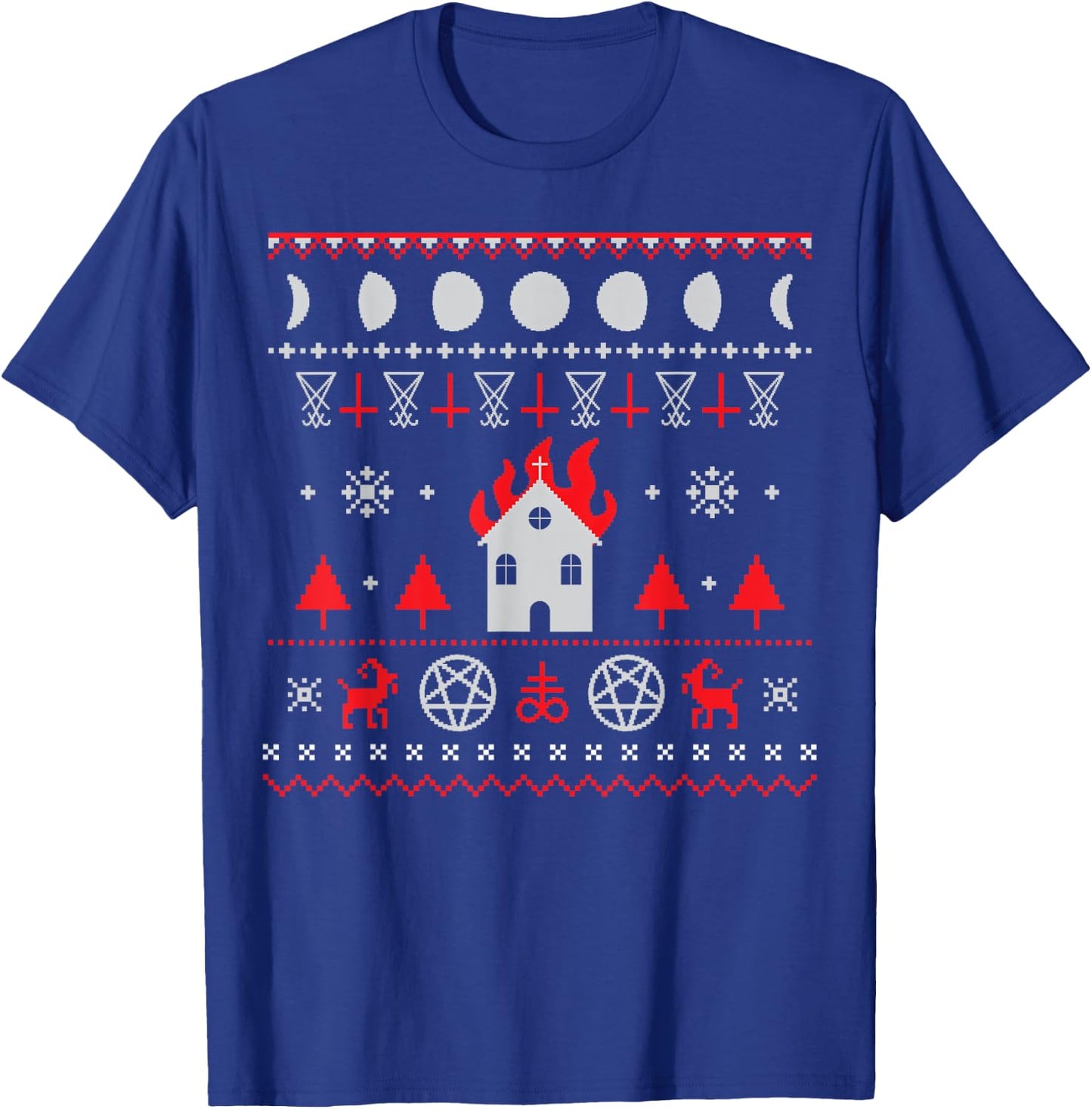 The Eldest Cult | Ugly Anti Christmas Sweater Gift - Burning Church Satanic Lucifer Pentagram Upside Down Cross T-Shirt - T-Shirt | Royal