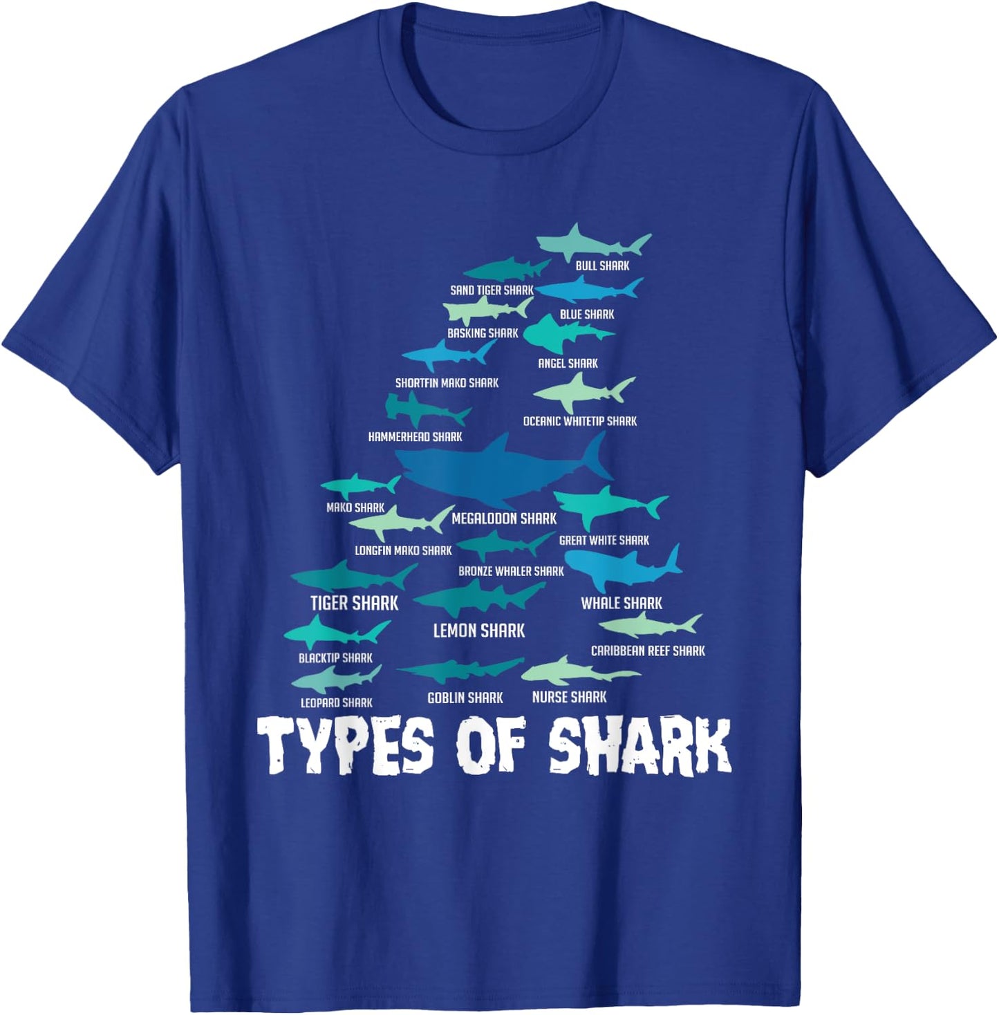 Types of Shark Megalodon Great White Nurse Shark T-Shirt - T-Shirt | Royal