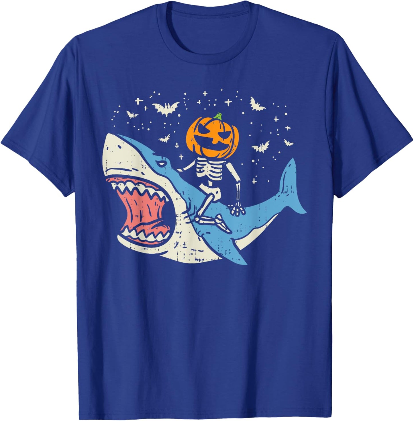 Pumpkin Skeleton Riding Shark Bats Halloween Costume Kids T-Shirt - T-Shirt | Royal