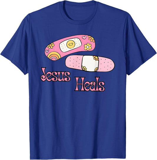 Jesus Heals Print Bandages Bandaids T-Shirt - T-Shirt | Royal