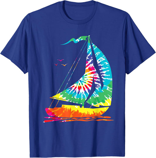 Fun Sailing Hippie Rainbow Tie Dyeing Sailing Boat T-Shirt - T-Shirt | Royal