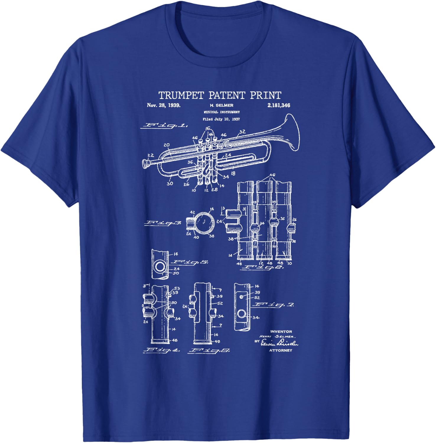 Trumpet Patent Print 1939 - Vintage Patent Music T-Shirt - T-Shirt | Royal