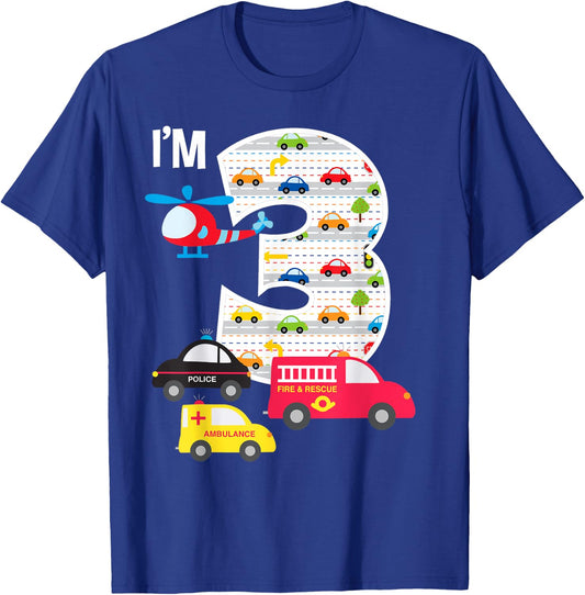 3rd Birthday Fire Truck Police Car 3 Year Old Boys T-Shirt - T-Shirt | Royal