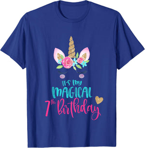 Kids Unicorn 7th Birthday Party Shirt Girl 7 Years Old T-Shirt - T-Shirt | Royal