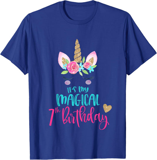 Kids Unicorn 7th Birthday Party Shirt Girl 7 Years Old T-Shirt - T-Shirt | Royal