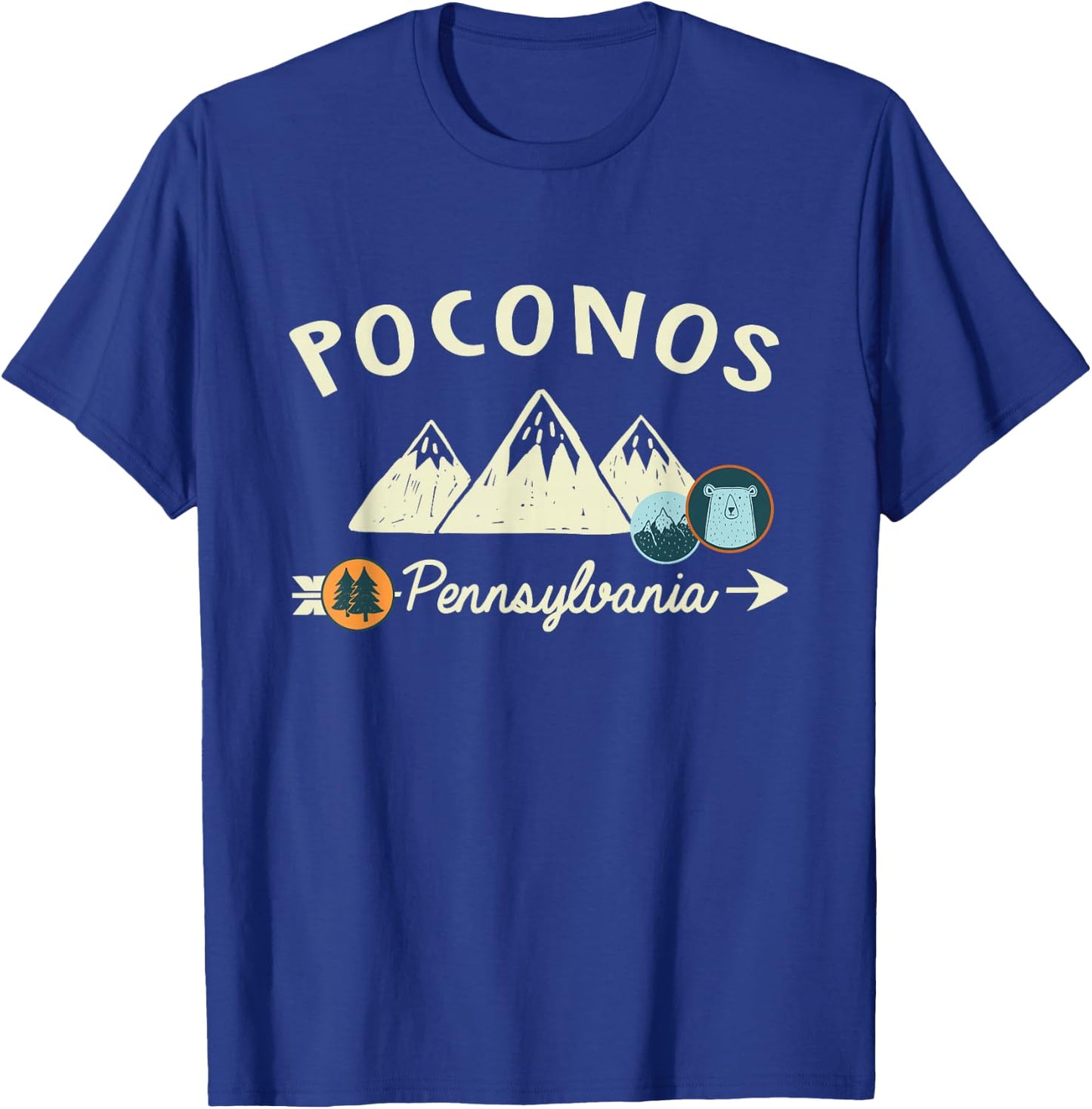 Funny Cartoon Mountain Hiking Patches Poconos Pennsylvania T-Shirt - T-Shirt | Royal