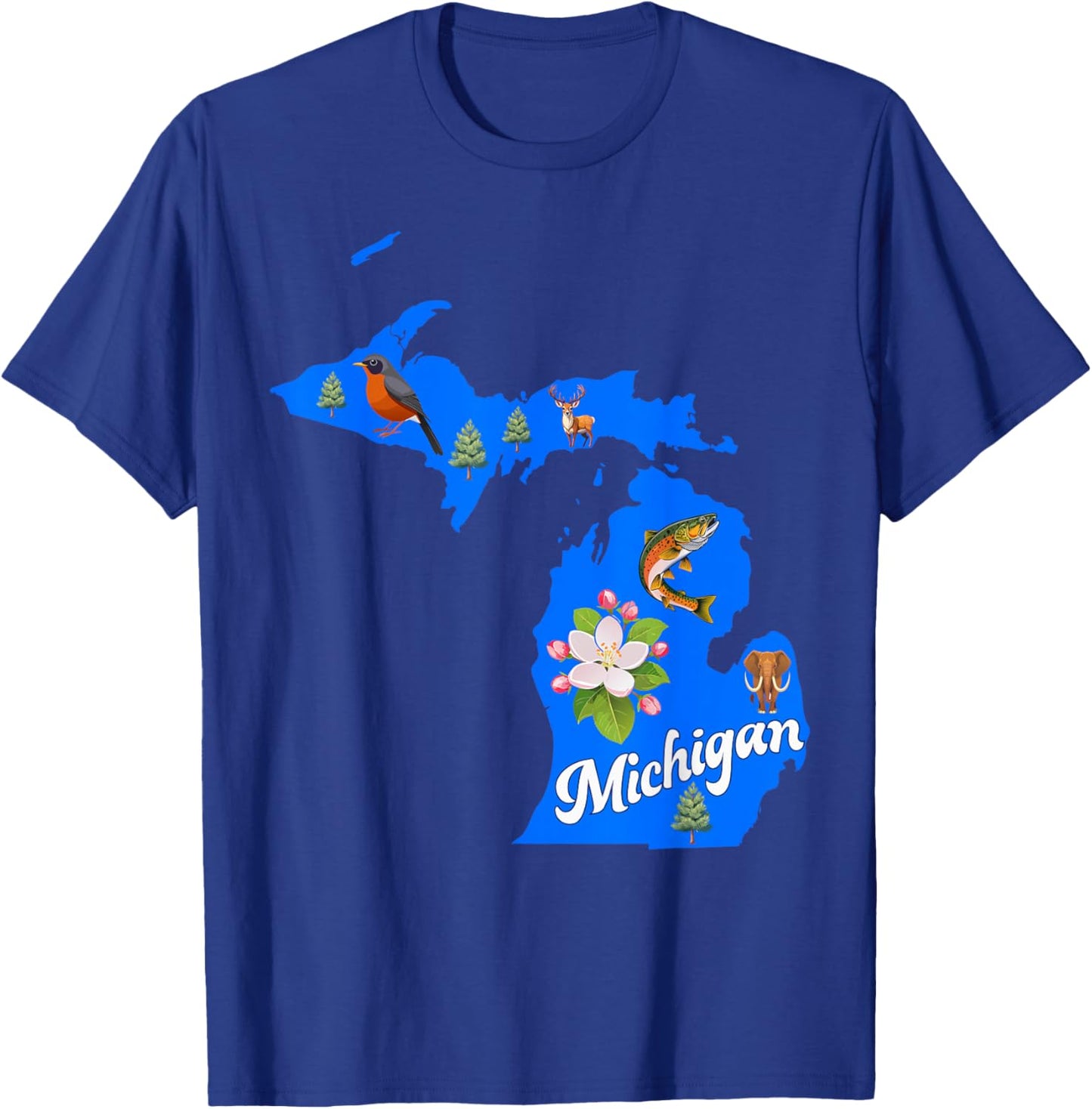 Michigan Map State Symbols Flower Bird Fish T-Shirt - T-Shirt | Royal