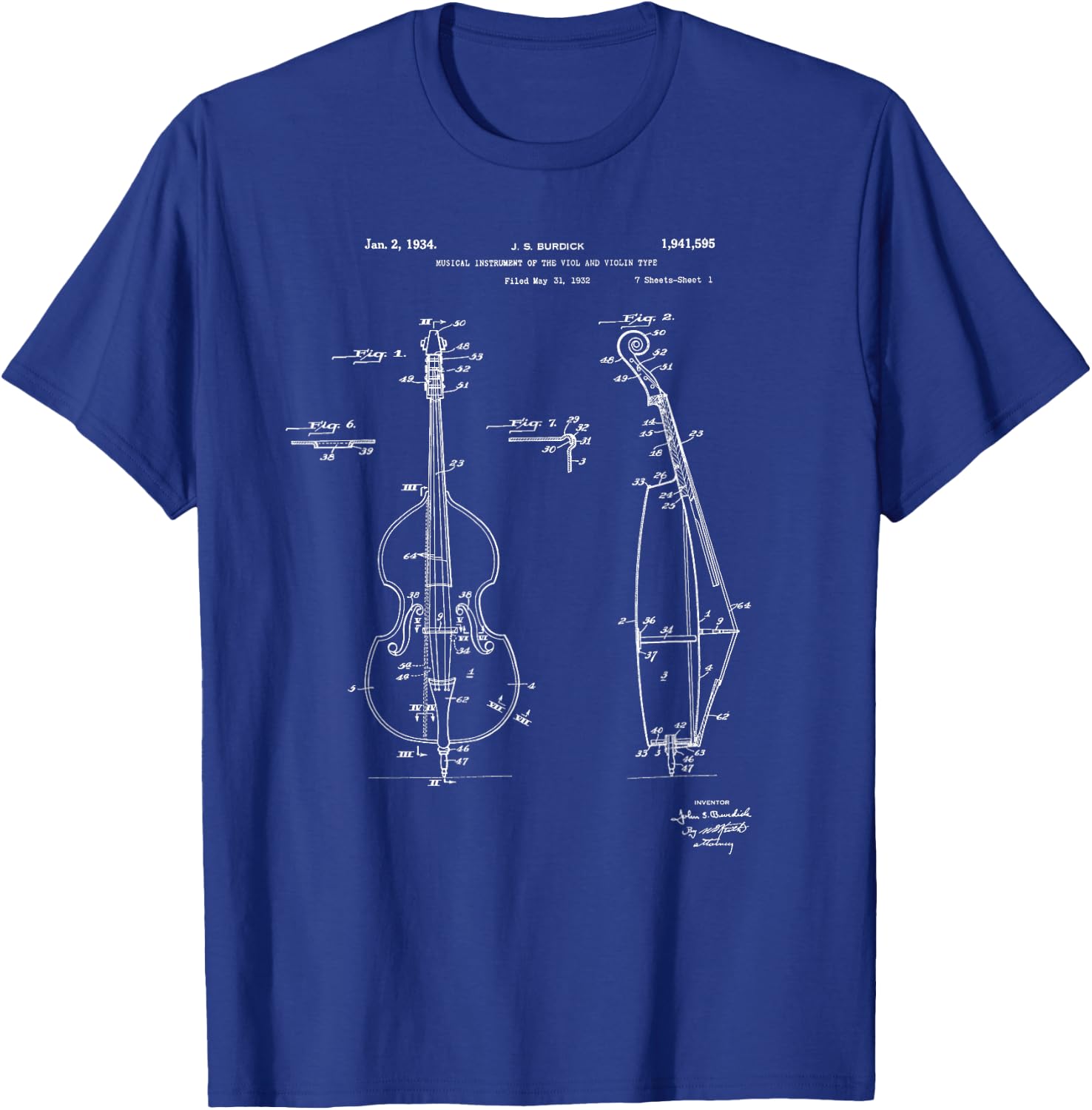 Vintage Patent Print 1934 Double Bass Player T-Shirt - T-Shirt | Royal