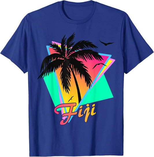 Fiji 80s Tropical Summer Beach Palm Tree Sunset Men Women Kids T-Shirt - T-Shirt | Royal