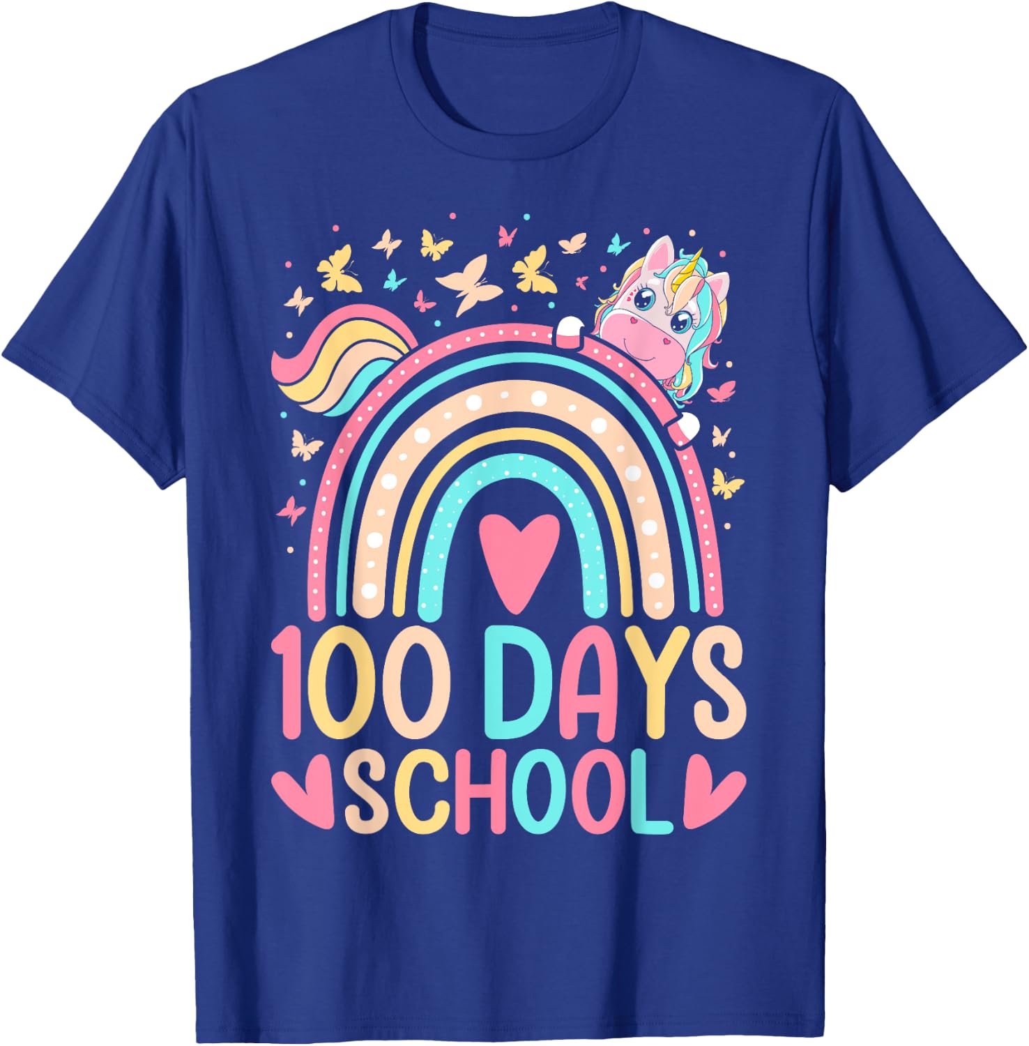 100 Days Of School Unicorn Rainbow Butterfly 100th Day Girls T-Shirt - T-Shirt | Royal