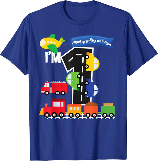 Transportation 1st Birthday Airplane Cars Fire Truck Train T-Shirt - T-Shirt | Royal