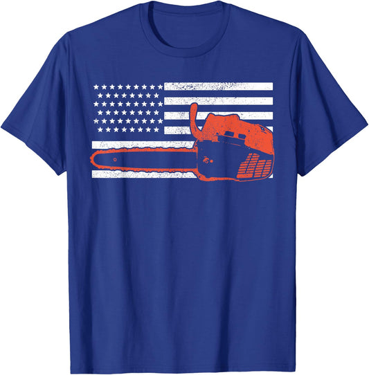 American Flag Lumberjack Chainsaw Gift T-Shirt - T-Shirt | Royal