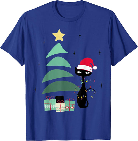 Funny Retro Mid Century Atomic Christmas Tree and Cat Women Kids T-Shirt - T-Shirt | Royal