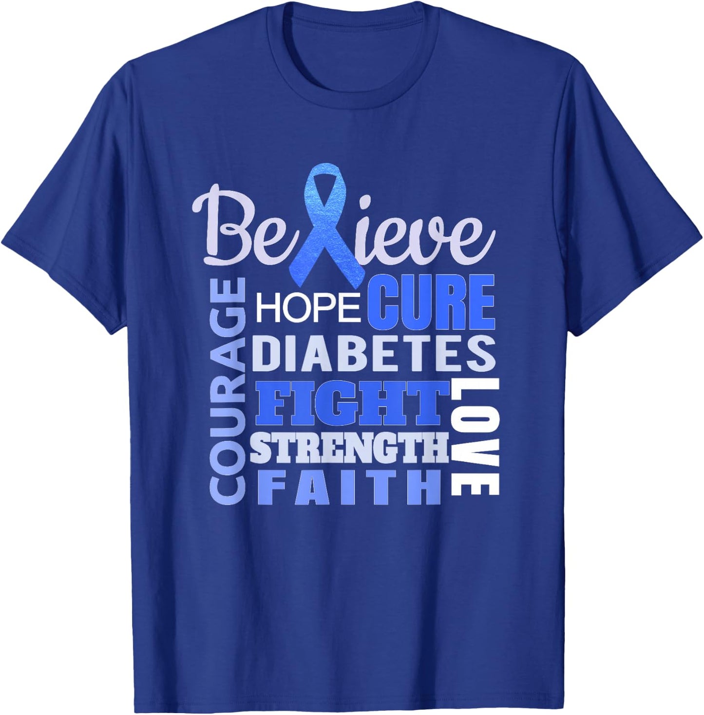 Diabetes Awareness T Shirt Blue Ribbon Diabetes Word Shirt T-Shirt - T-Shirt | Royal