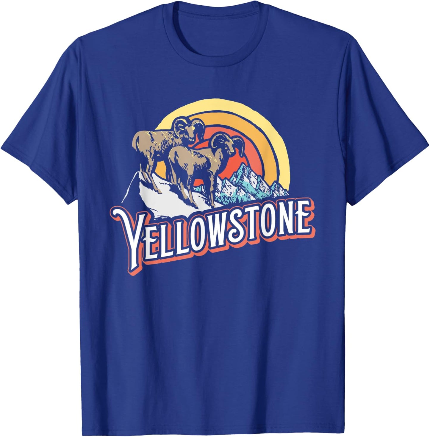 Vintage Big Horned Sheep Yellowstone Sun & Mountain Graphic T-Shirt - T-Shirt | Royal