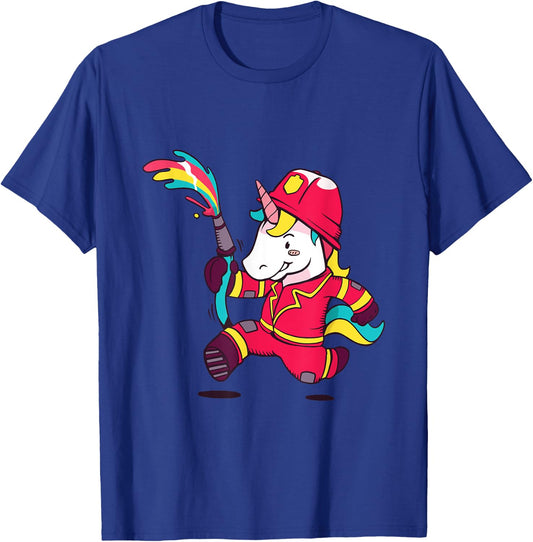 Cute Unicorn Fireman Cartoon Rainbow Unicorn T-Shirt - T-Shirt | Royal