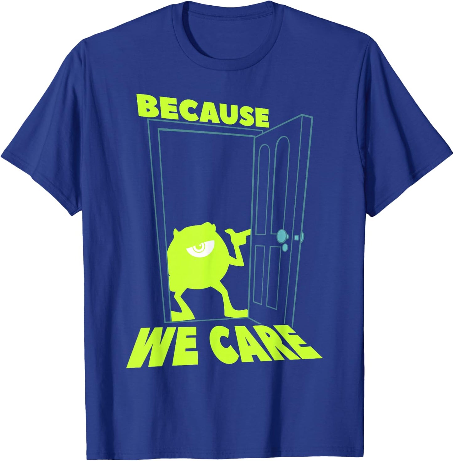 Disney Pixar Monsters, Inc. Mike We Scare We Care Door T-Shirt - T-Shirt | Royal