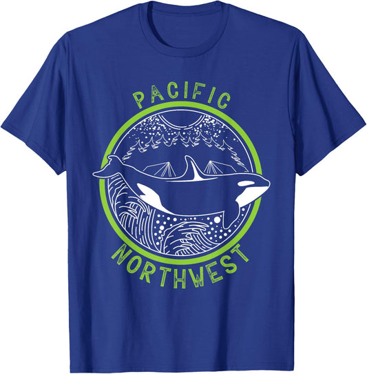 Pacific Northwest Orca Whale Tree Mountain Ocean PNW T-Shirt - T-Shirt | Royal