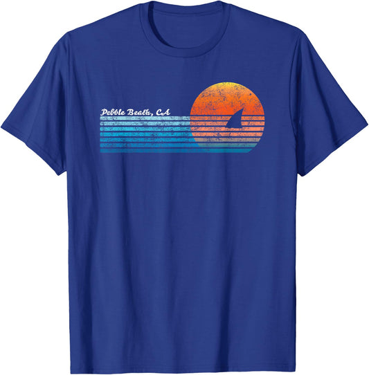 Vintage Pebble Beach, CA Retro 80s Shark Fin Sunset Women Girls Kids T-Shirt - T-Shirt | Royal