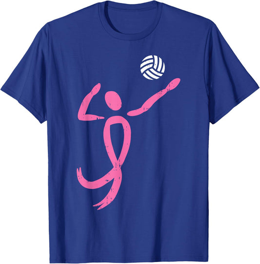 Volleyball Pink Ribbon Breast Cancer Awareness Sport Gift T-Shirt - T-Shirt | Royal