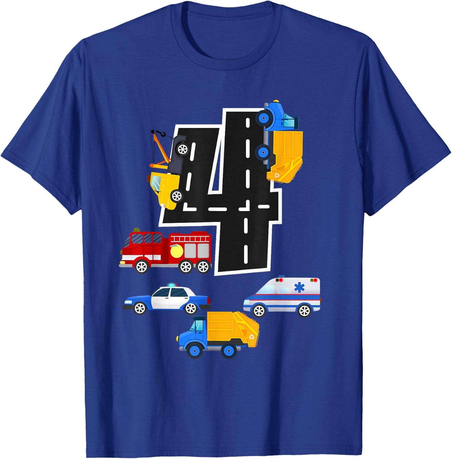 4th Birthday Boys Fire Truck Police Car 4 Year Old T-Shirt - T-Shirt | Royal