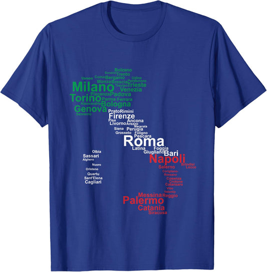 Italy Map Silhouette Flag Towns Cities Rome Travel Europe T-Shirt - T-Shirt | Royal
