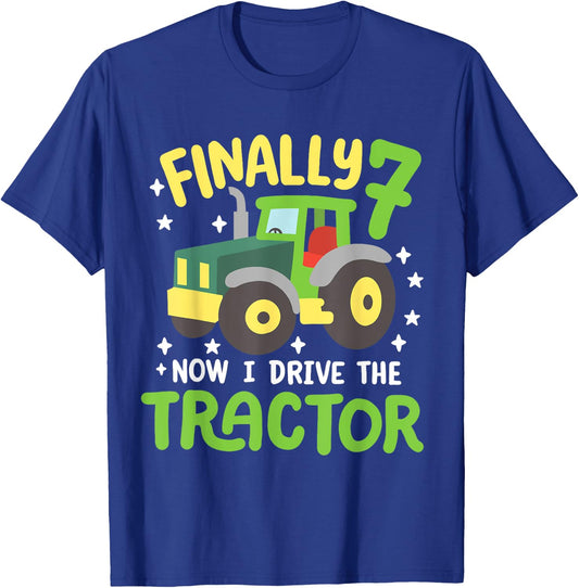 Kids Finally 7 Years Old Drive Tractor 7th Birthday Boys T-Shirt - T-Shirt | Royal
