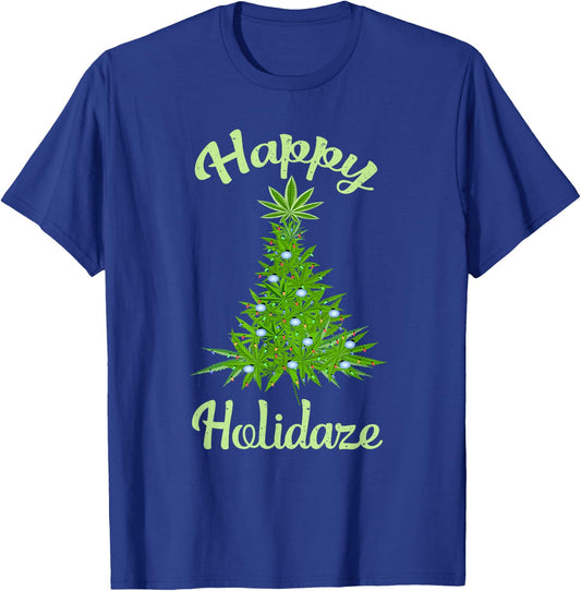 Happy Holidaze Weed & Marijuana Leaf Cannabis Christmas Tree T-Shirt - T-Shirt | Royal