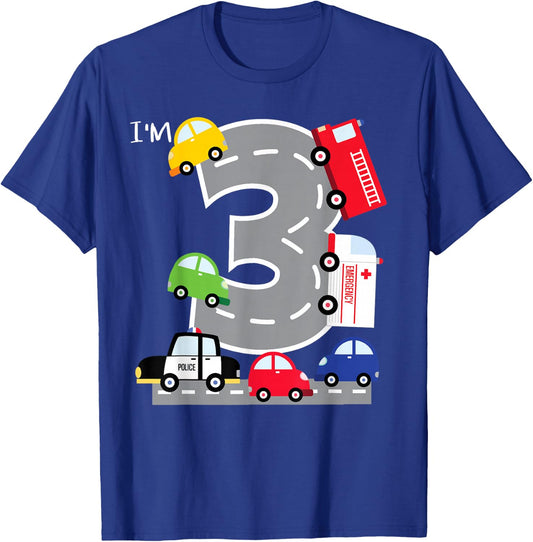 3rd Birthday 3 Year Old Transportation Cars Fire Truck T-Shirt - T-Shirt | Royal