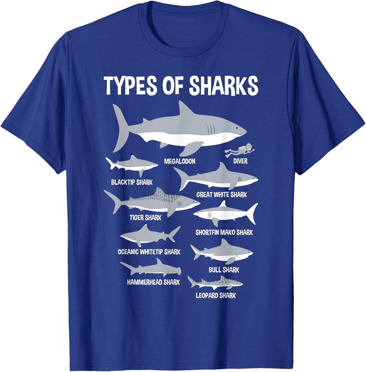 9 Types Of Sharks Educational Ocean Kids Boys Gift T-Shirt - T-Shirt | Royal