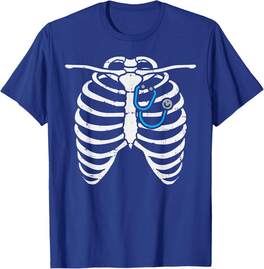 Stethoscope Skeleton Ribs Funny Nurse Halloween Costume Gift T-Shirt - T-Shirt | Royal