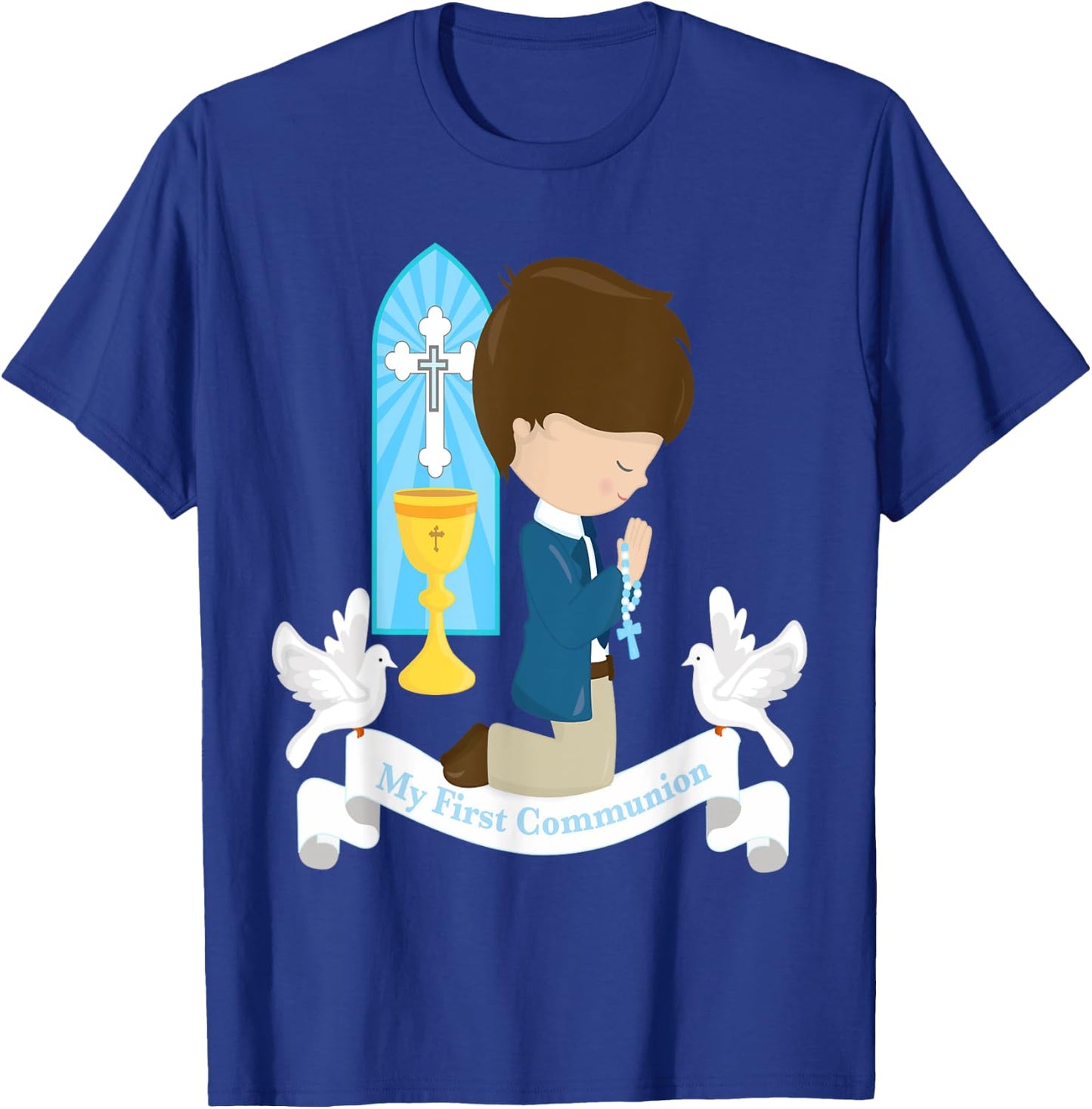My First Communion Shirt Kids Children Son Boy Brunette T-Shirt - T-Shirt | Royal