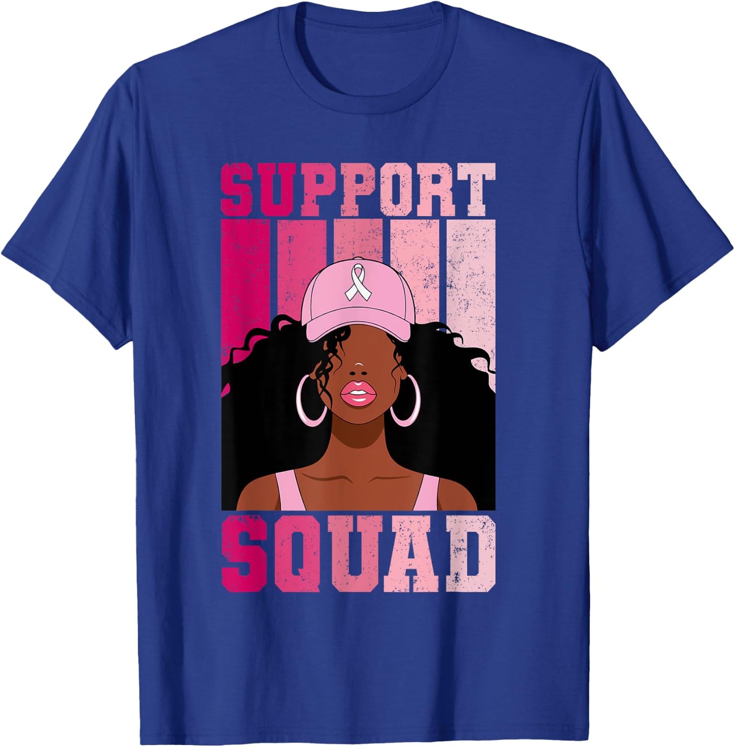 Black Woman Pink Ribbon October Breast Cancer Support Squad T-Shirt - T-Shirt | Royal