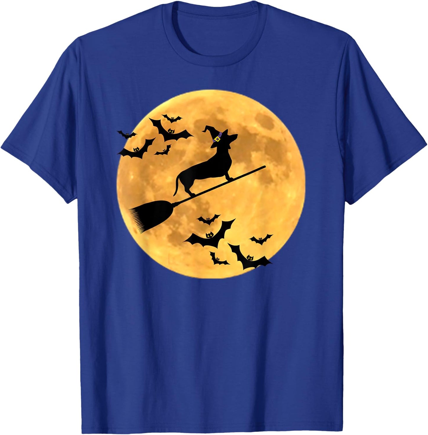 Dachshund Witch Dog Halloween Moon Broomstick Broom Men Women Kids T-Shirt - T-Shirt | Royal