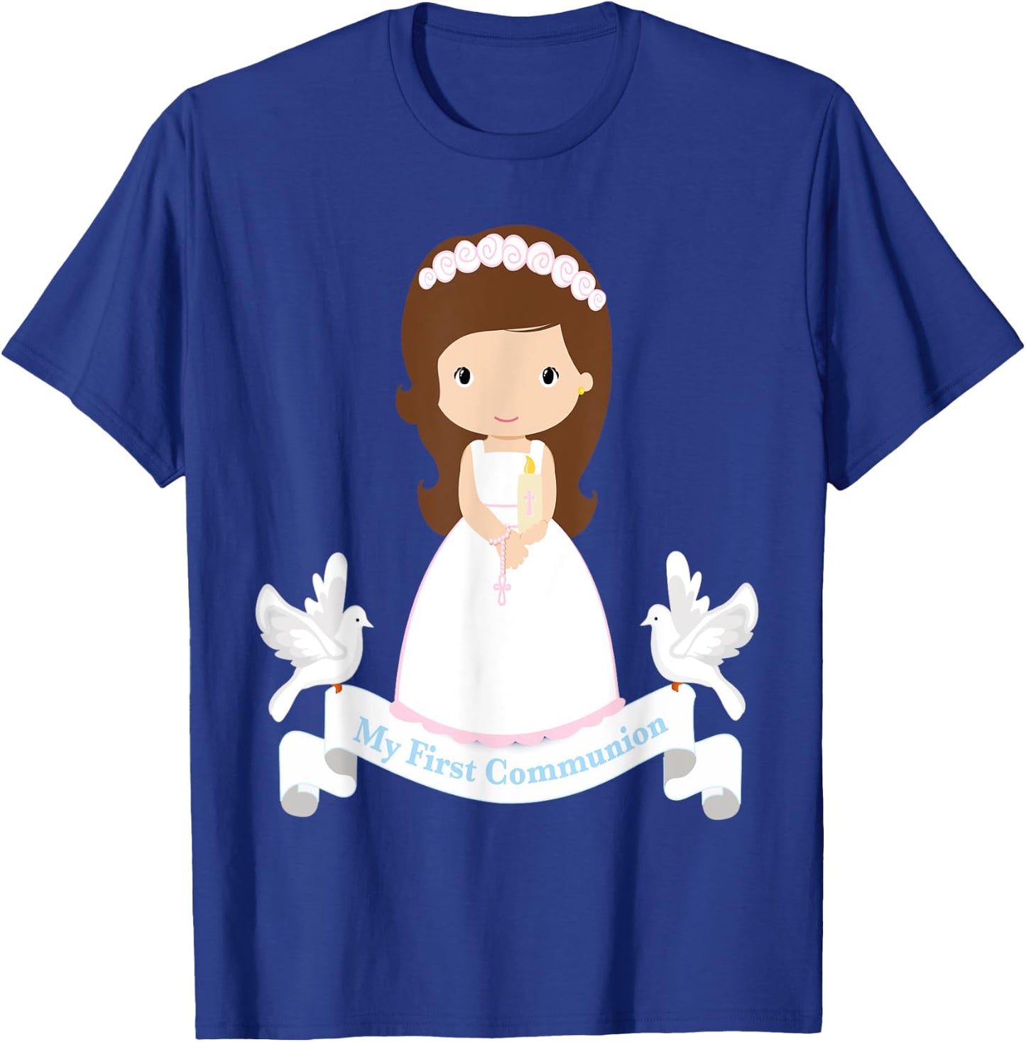 First Communion Shirt Kids Rosary Girls Daughter Brown Hair T-Shirt - T-Shirt | Royal