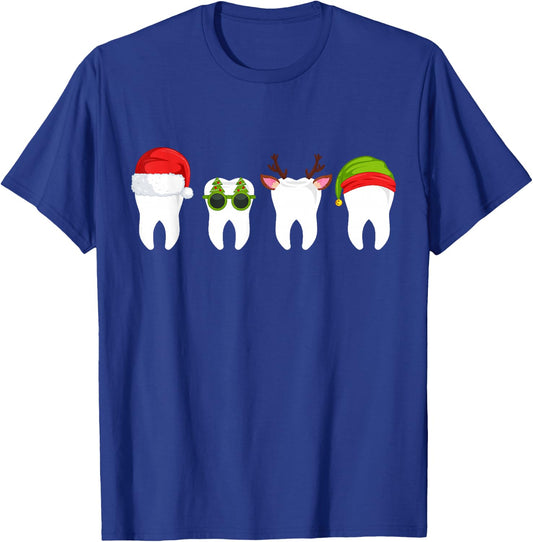 Funny Dentist Christmas Tooth Dental Teeth with Xmas Hats T-Shirt - T-Shirt | Royal