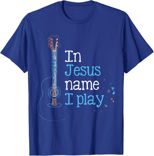 In Jesus Name i Play Guitar Christian Vintage Guitar Player T-Shirt - T-Shirt | Royal