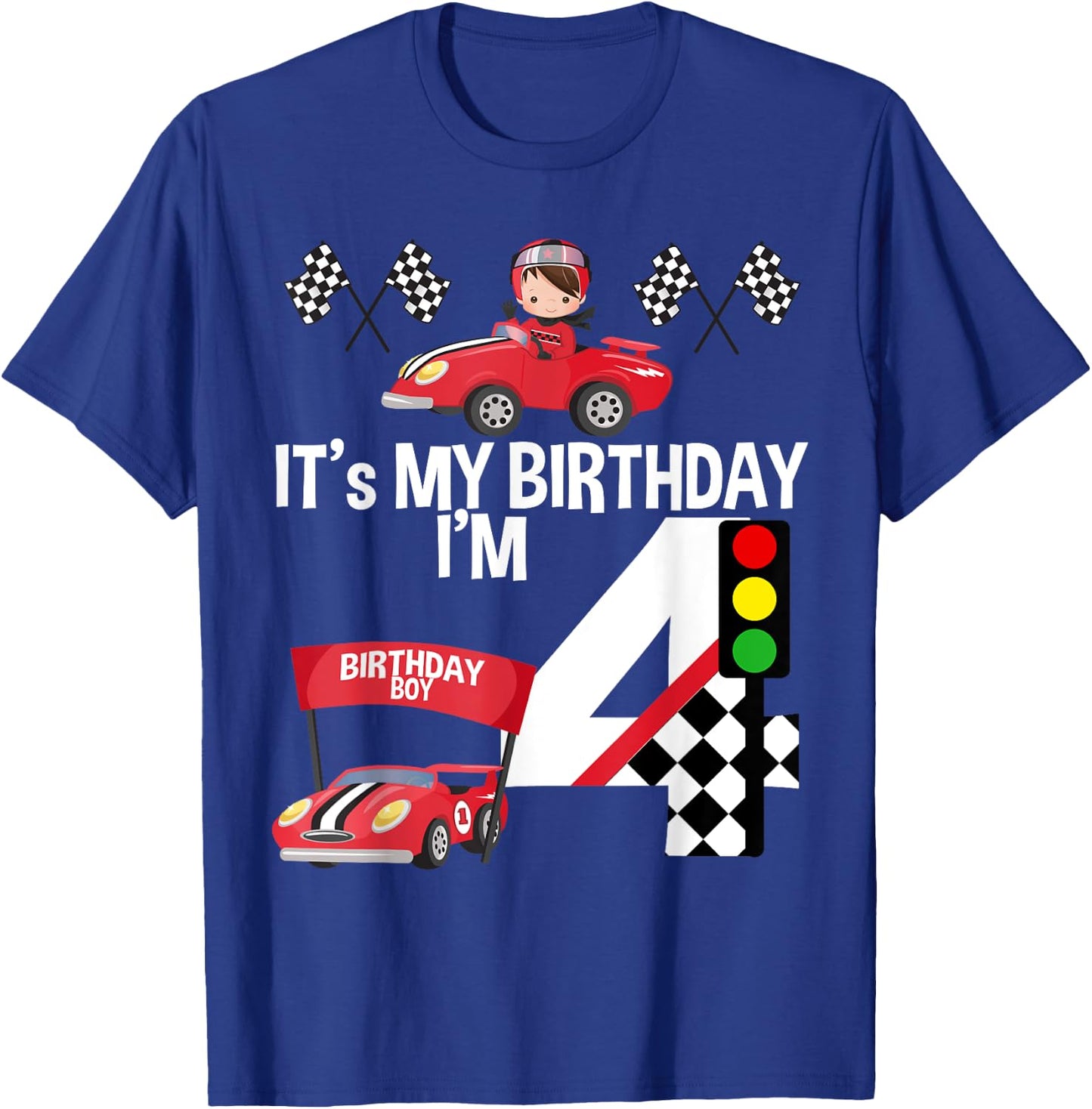 It's My 4th Birthday Race Car Theme Birthday 4 Yrs Old Shirt T-Shirt - T-Shirt | Royal
