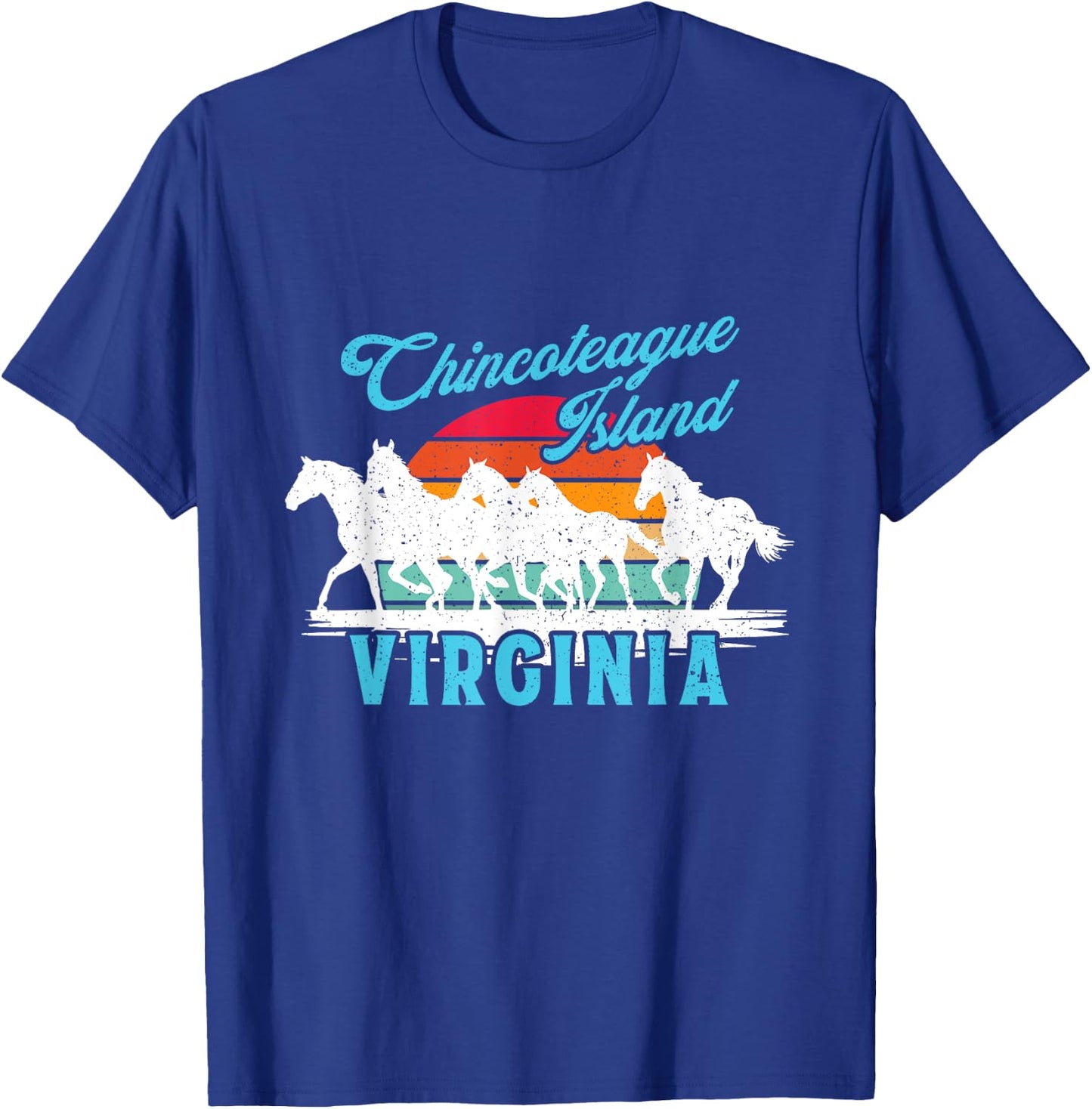 Chincoteague Island Wild Horses Virginia Travel Retro Sunset T-Shirt - T-Shirt | Royal