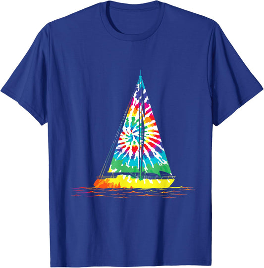 Fun Sailing Hippie Rainbow Tie Dye Sailboat Scene T-Shirt - T-Shirt | Royal
